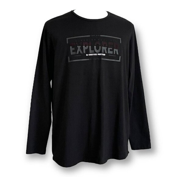 Renaur Mens Black Long Sleeve Explorer Tee Sz 2XL Textured Ribber Graphic Tshirt - Picture 1 of 7